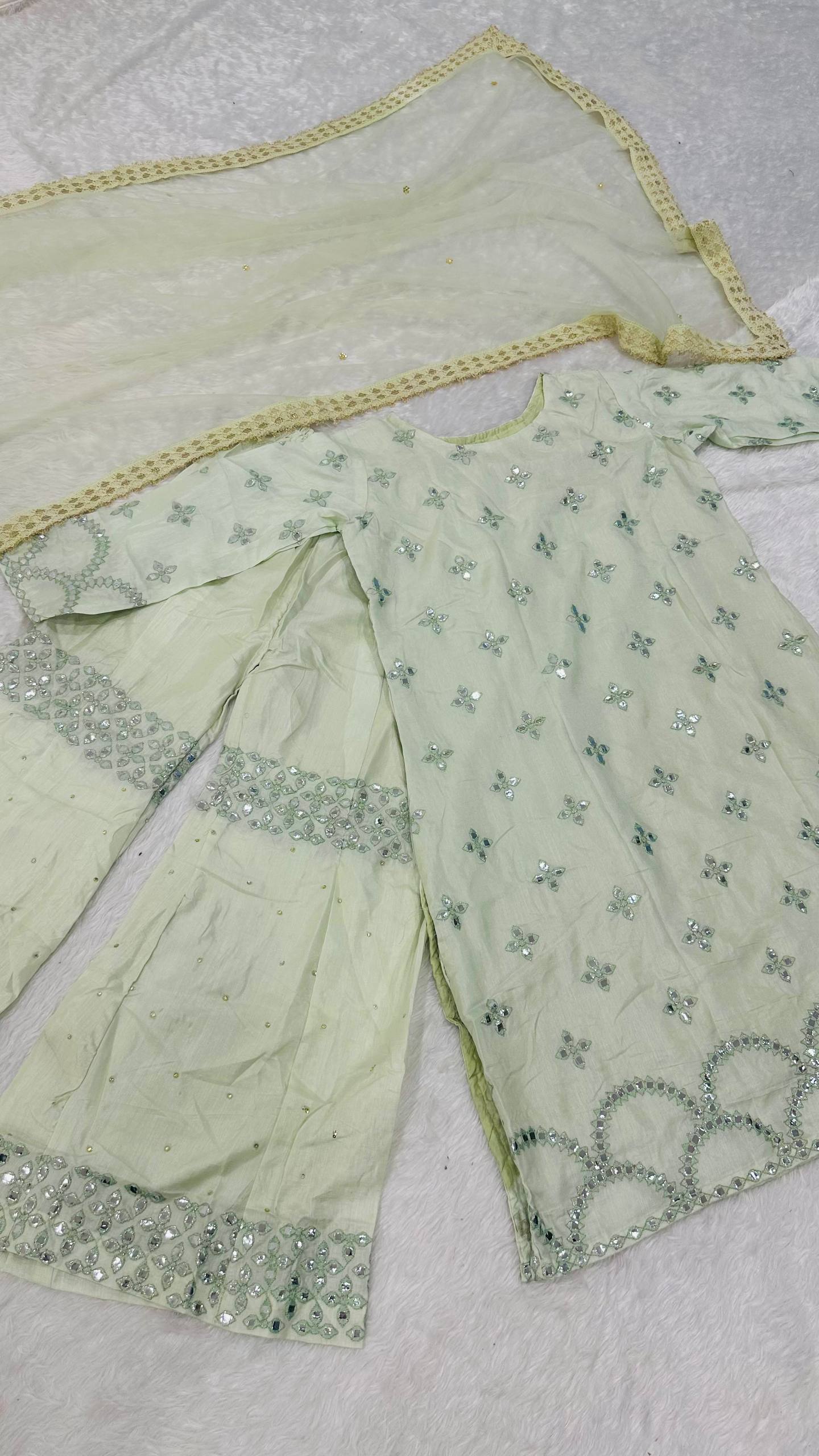 Milky Elegant Nylon Silk Paper Foil Work Top & Plazo Set with Stone Work Net Dupatta ClothsVilla