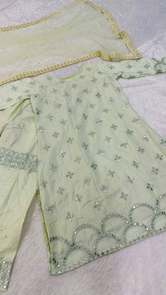 Milky Elegant Nylon Silk Paper Foil Work Top & Plazo Set with Stone Work Net Dupatta ClothsVilla