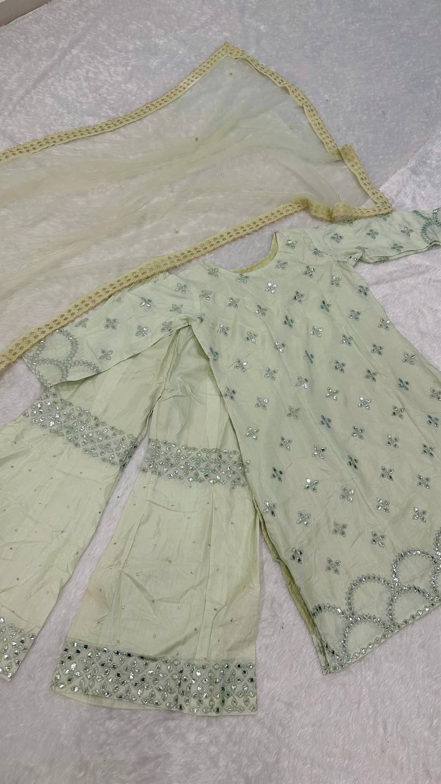 Milky Elegant Nylon Silk Paper Foil Work Top & Plazo Set with Stone Work Net Dupatta ClothsVilla