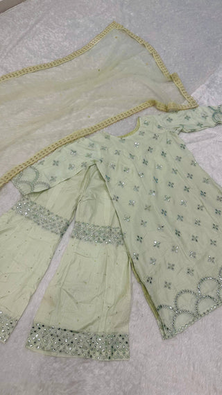 Milky Elegant Nylon Silk Paper Foil Work Top & Plazo Set with Stone Work Net Dupatta ClothsVilla