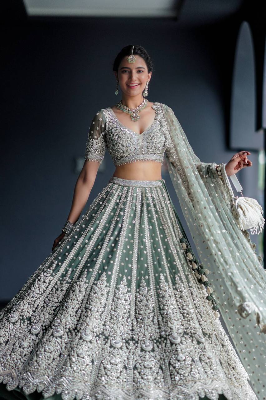 Milky Festive Must-Have Classic Indian Net Lehenga Set Secondary image