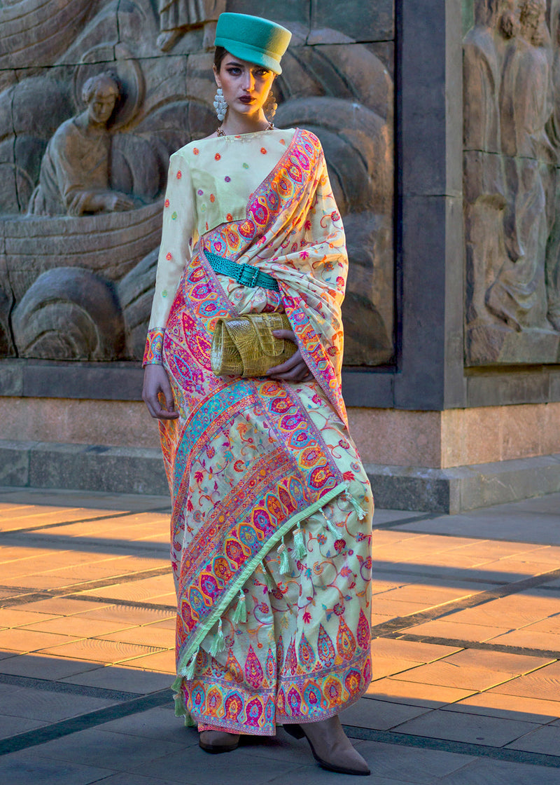 Milky Jamawar Woven Organza Silk Saree – Traditional Elegance with Blouse Piece ClothsVilla