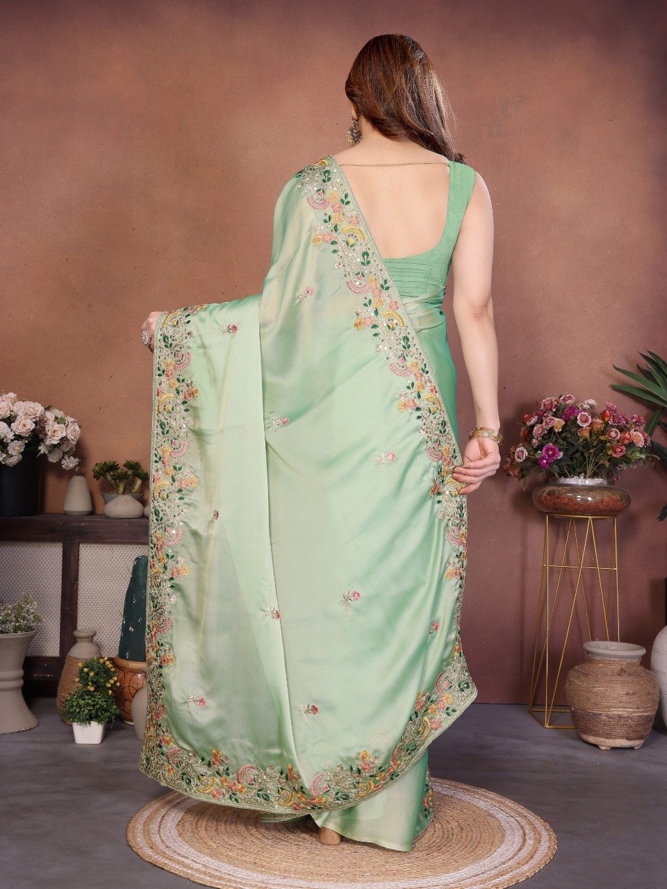 Mint Green Art Silk Saree with Sequins Work ClothsVilla