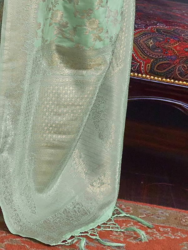 Mint Green Banarasi Silk Blend Saree with Bidri Work & Zari Buta – Gold Accents & Tassel Detailing ClothsVilla