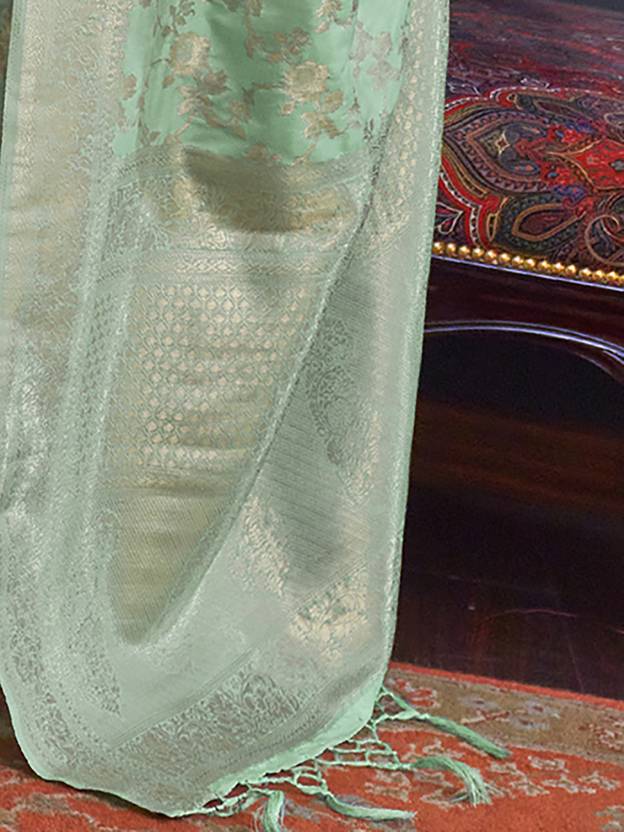 Mint Green Banarasi Silk Blend Saree with Bidri Work & Zari Buta – Gold Accents & Tassel Detailing ClothsVilla