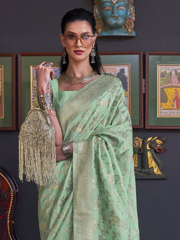 Mint Green Banarasi Silk Blend Saree with Bidri Work & Zari Buta – Gold Accents & Tassel Detailing ClothsVilla