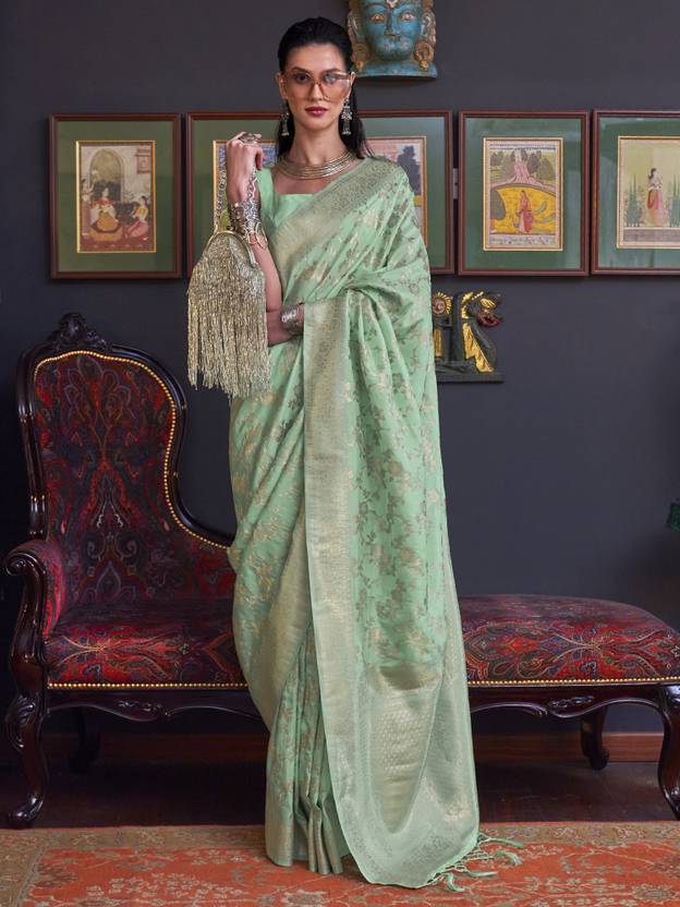 Mint Green Banarasi Silk Blend Saree with Bidri Work & Zari Buta – Gold Accents & Tassel Detailing ClothsVilla