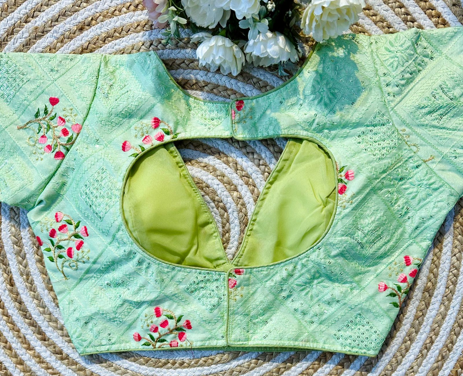 Mint Green Blooming Silk Blouse with Sequins and Tone-on-Tone Thread Work ClothsVilla