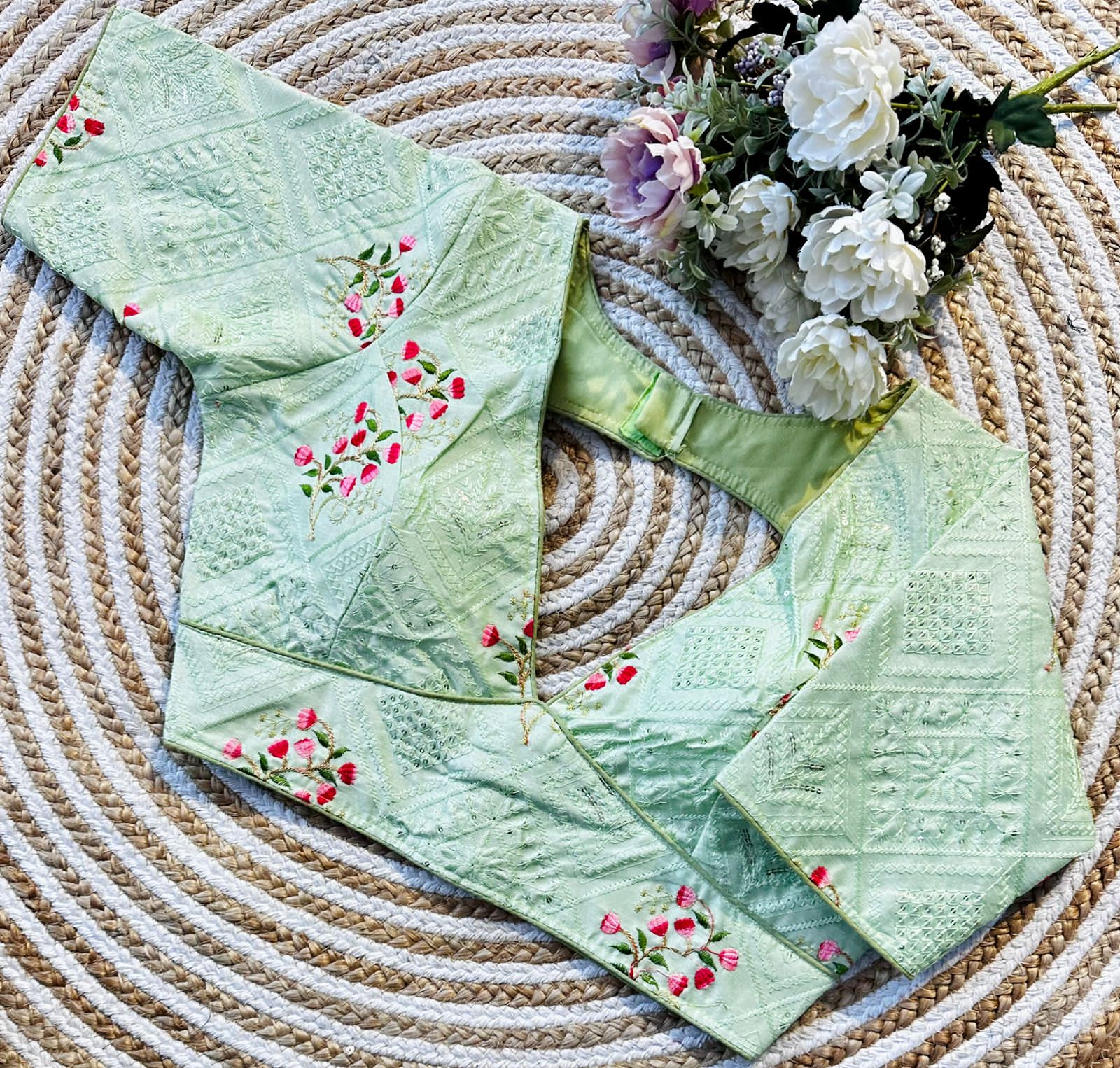 Mint Green Blooming Silk Blouse with Sequins and Tone-on-Tone Thread Work ClothsVilla Main image