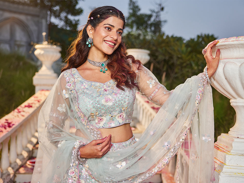 Mint Green Double Sequin Embroidered Net Lehenga Choli Dupatta Set with Mirror & Thread Work ClothsVilla
