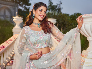 Mint Green Double Sequin Embroidered Net Lehenga Choli Dupatta Set with Mirror & Thread Work ClothsVilla