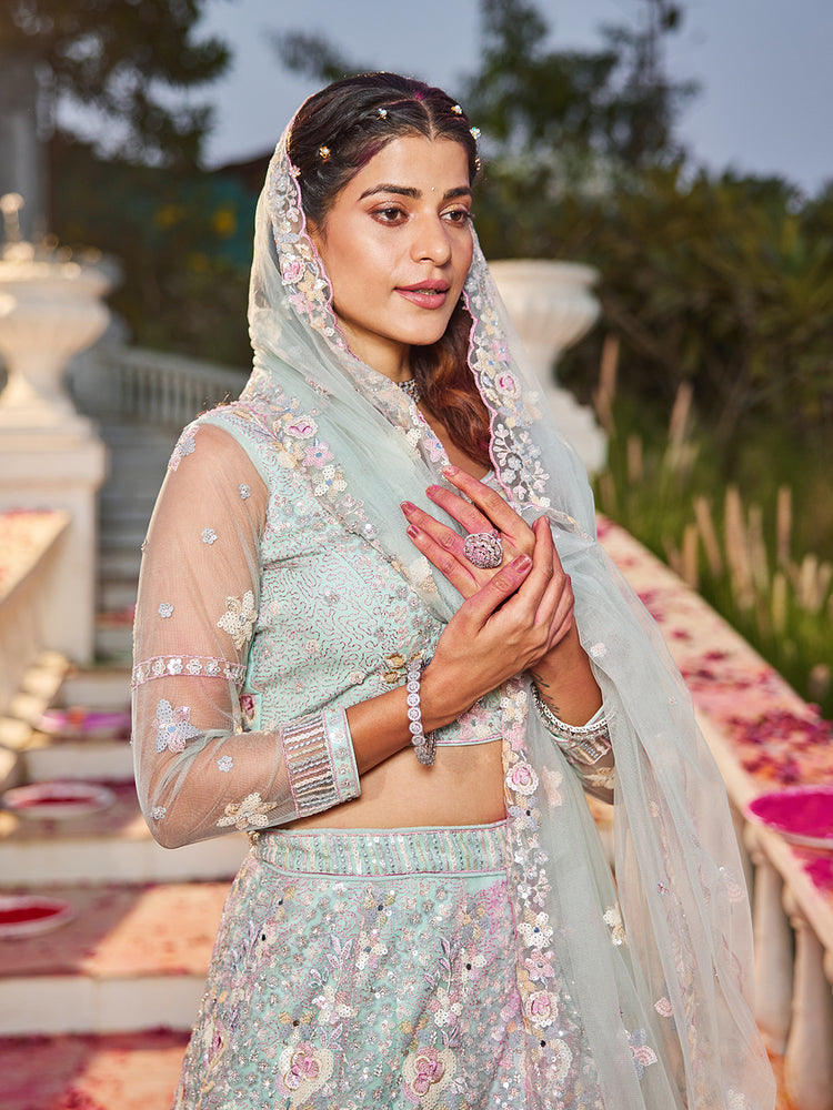 Mint Green Double Sequin Embroidered Net Lehenga Choli Dupatta Set with Mirror & Thread Work ClothsVilla