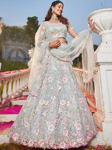 Mint Green Double Sequin Embroidered Net Lehenga Choli Dupatta Set with Mirror & Thread Work ClothsVilla