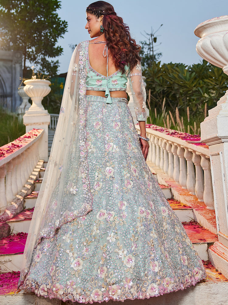 Mint Green Double Sequin Embroidered Net Lehenga Choli Dupatta Set with Mirror & Thread Work ClothsVilla