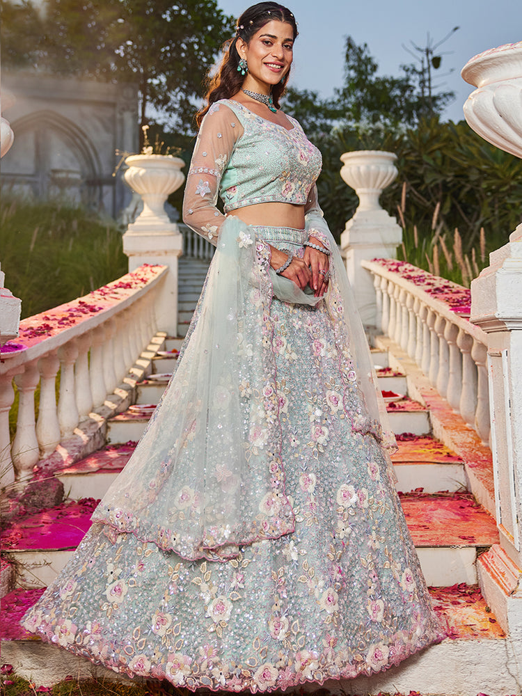 Mint Green Double Sequin Embroidered Net Lehenga Choli Dupatta Set with Mirror & Thread Work ClothsVilla