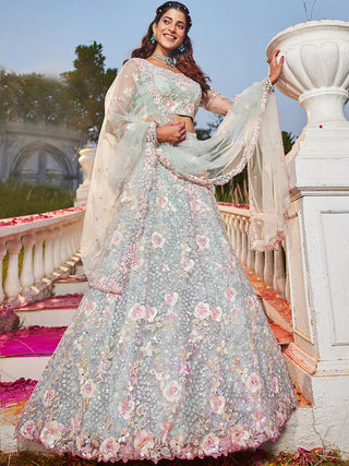 Mint Green Double Sequin Embroidered Net Lehenga Choli Dupatta Set with Mirror & Thread Work ClothsVilla