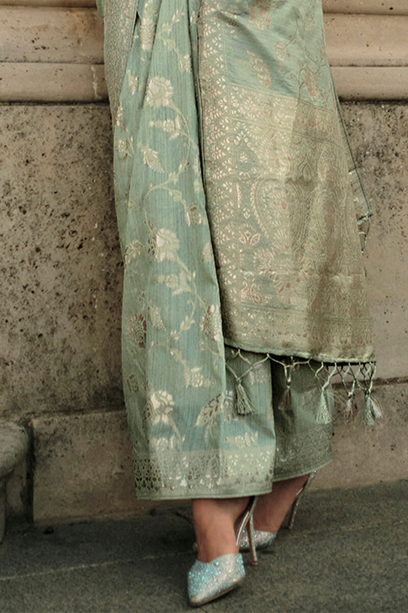 Mint Green Elegant Banarasi Silk Saree with Zari Weaving Blouse Pieces ClothsVilla