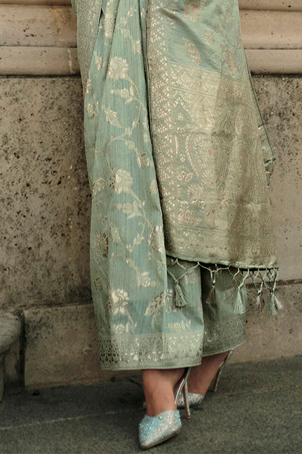 Mint Green Elegant Banarasi Silk Saree with Zari Weaving Blouse Pieces ClothsVilla