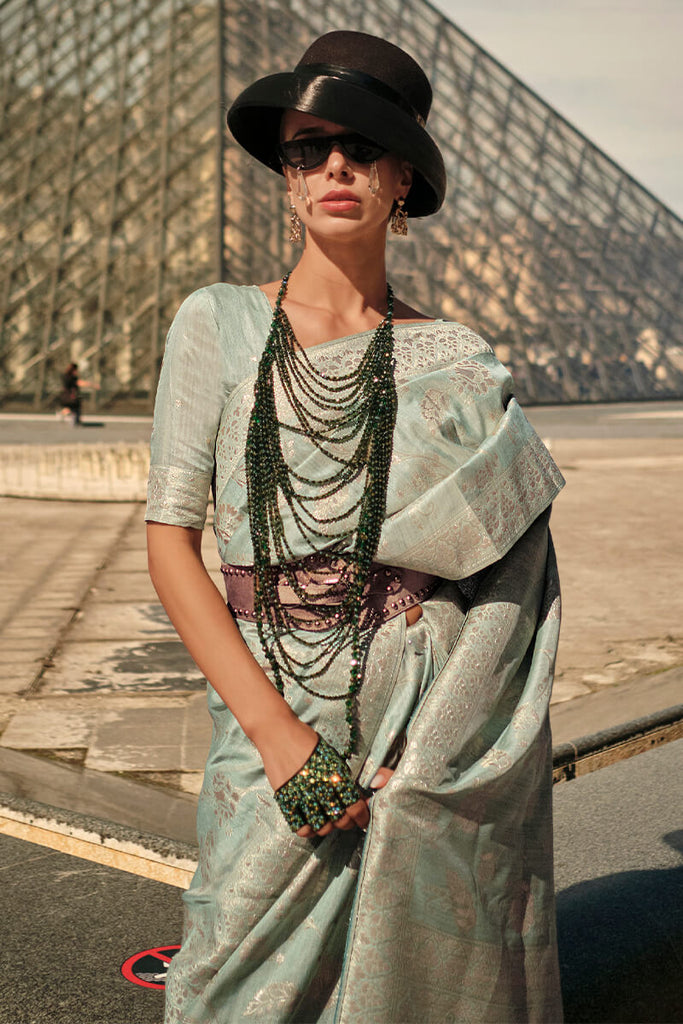 Mint Green Elegant Banarasi Silk Saree with Zari Weaving Blouse Pieces ClothsVilla