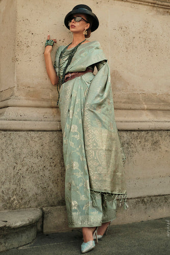 Mint Green Elegant Banarasi Silk Saree with Zari Weaving Blouse Pieces ClothsVilla