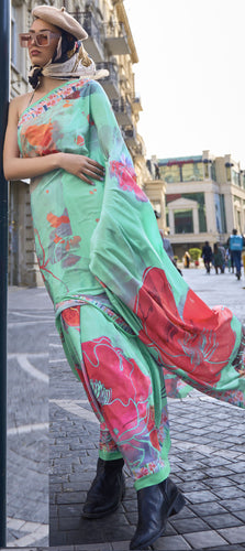 Mint Green Elegant Crepe Silk Saree with Digital Print – Party & Traditional Wear ClothsVilla