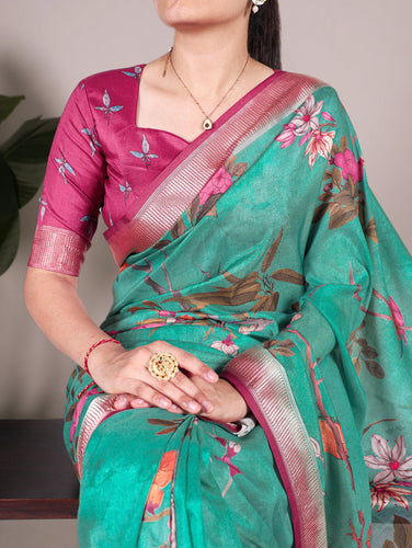 Mint Green Elegant Floral Printed Tussar Silk Saree with Viscose Border ClothsVilla