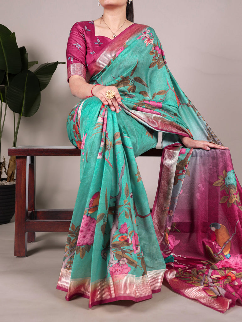 Mint Green Elegant Floral Printed Tussar Silk Saree with Viscose Border ClothsVilla