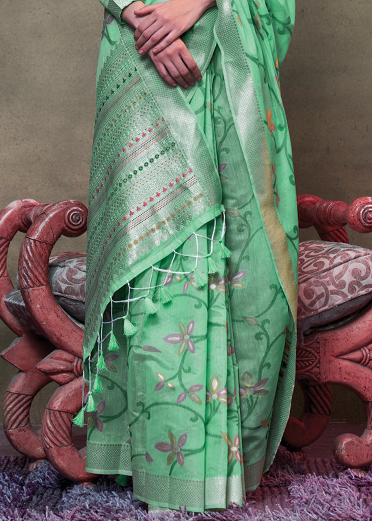 Mint Green Elegant Jamdani Modal Cotton Silk Saree – Timeless Weave with Intricate Motifs ClothsVilla