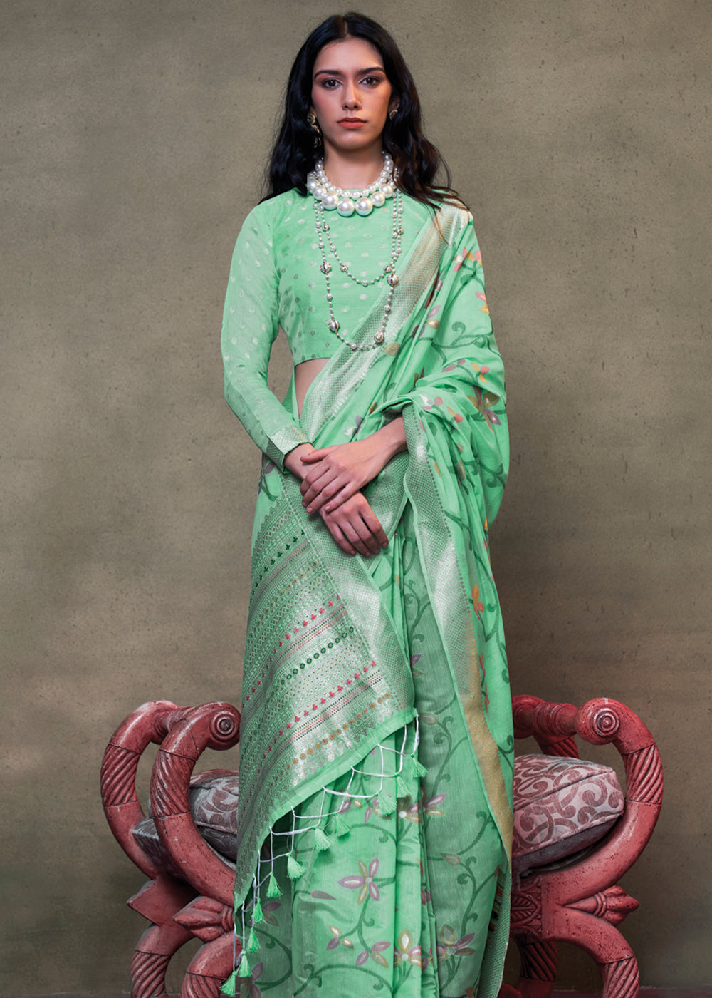 Mint Green Elegant Jamdani Modal Cotton Silk Saree – Timeless Weave with Intricate Motifs Secondary image