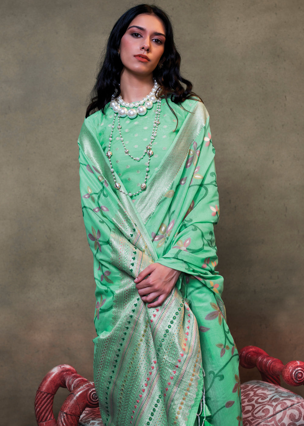 Mint Green Elegant Jamdani Modal Cotton Silk Saree – Timeless Weave with Intricate Motifs ClothsVilla