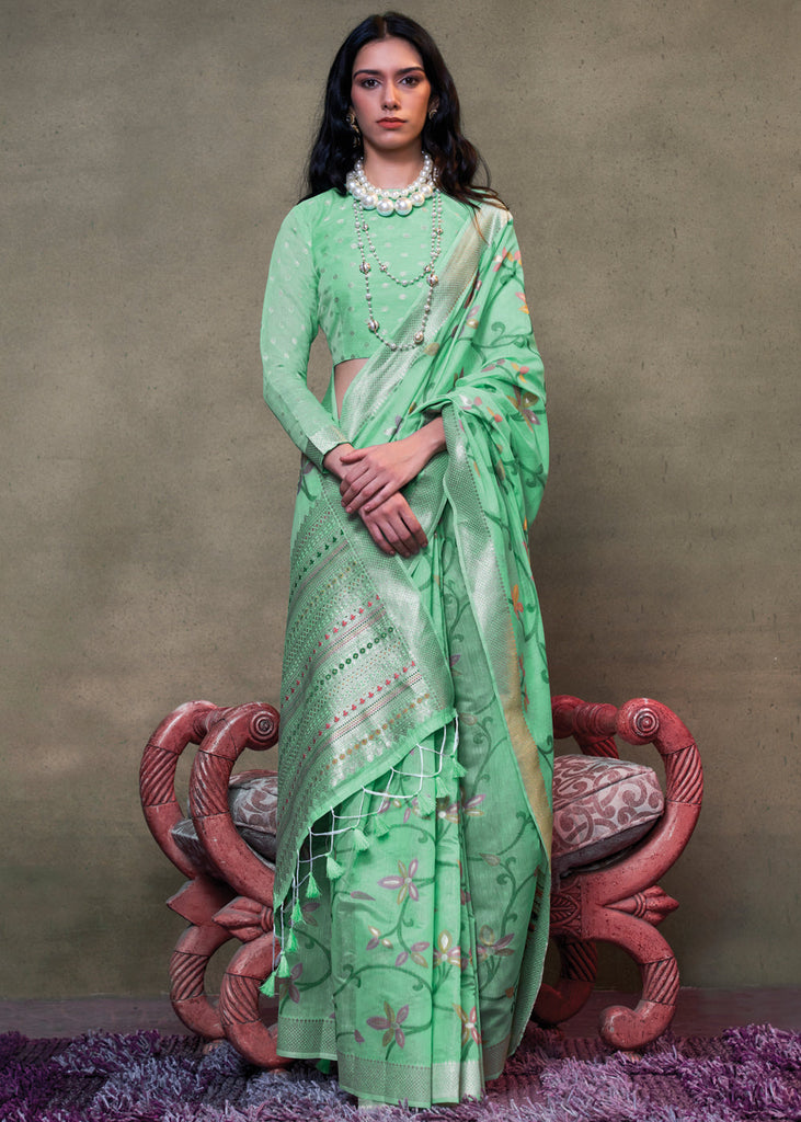 Mint Green Elegant Jamdani Modal Cotton Silk Saree – Timeless Weave with Intricate Motifs ClothsVilla