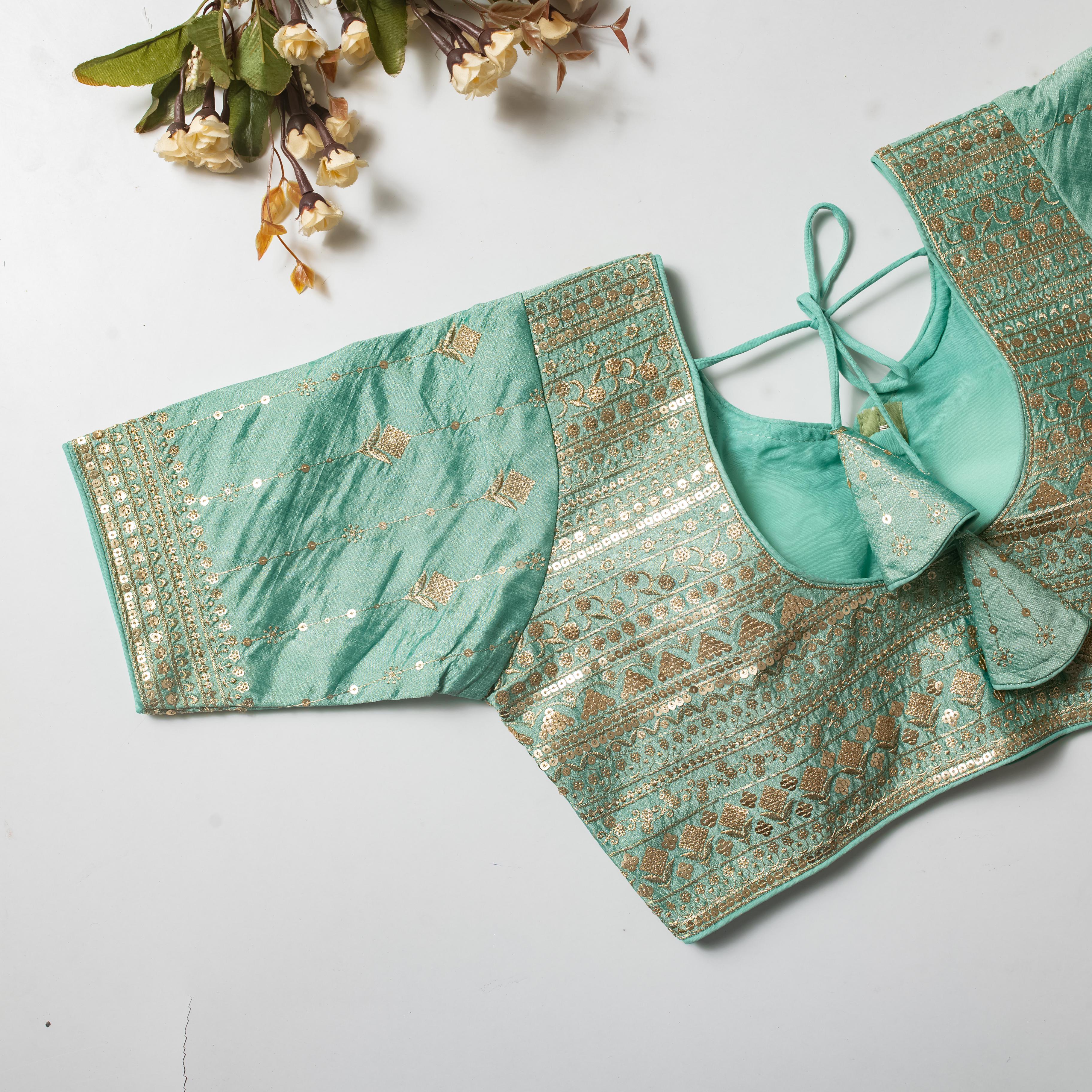 Mint Green Golden Embroidered Vibrant Silk Blouse with Sequins ClothsVilla Main image