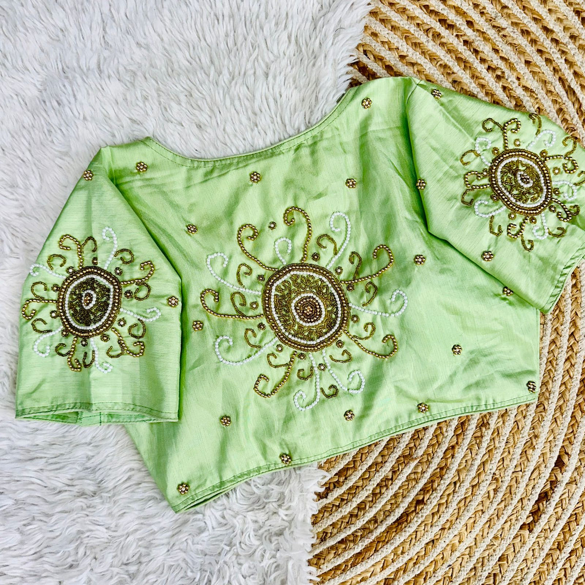 Mint Green Golden Handcrafted Makhana Silk Blouse with White Pearl Accents ClothsVilla Main image