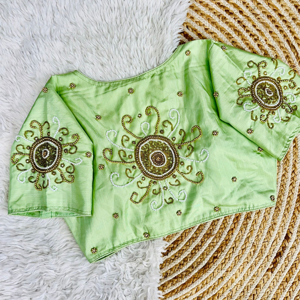 Mint Green Golden Handcrafted Makhana Silk Blouse with White Pearl Accents ClothsVilla