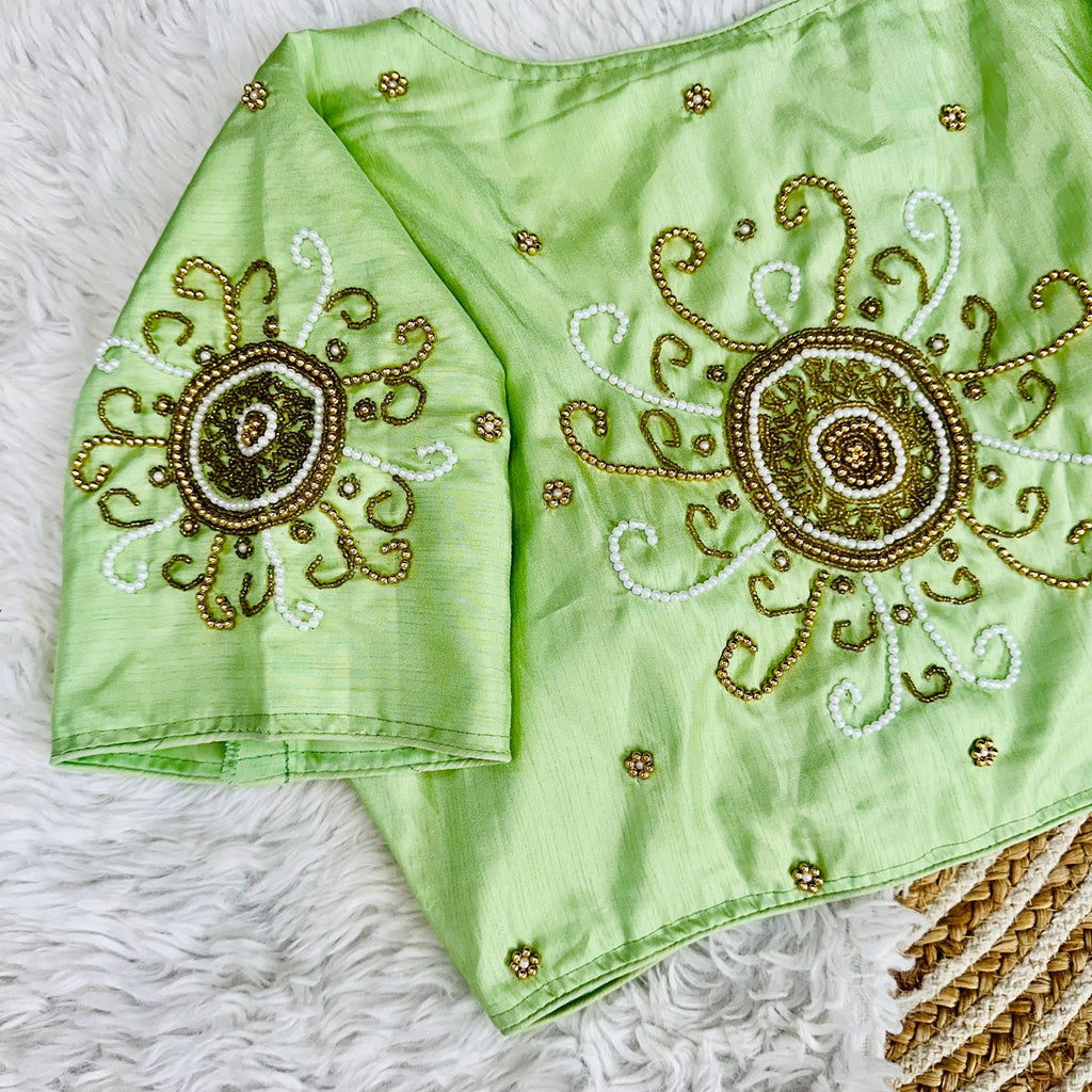 Mint Green Golden Handcrafted Makhana Silk Blouse with White Pearl Accents ClothsVilla