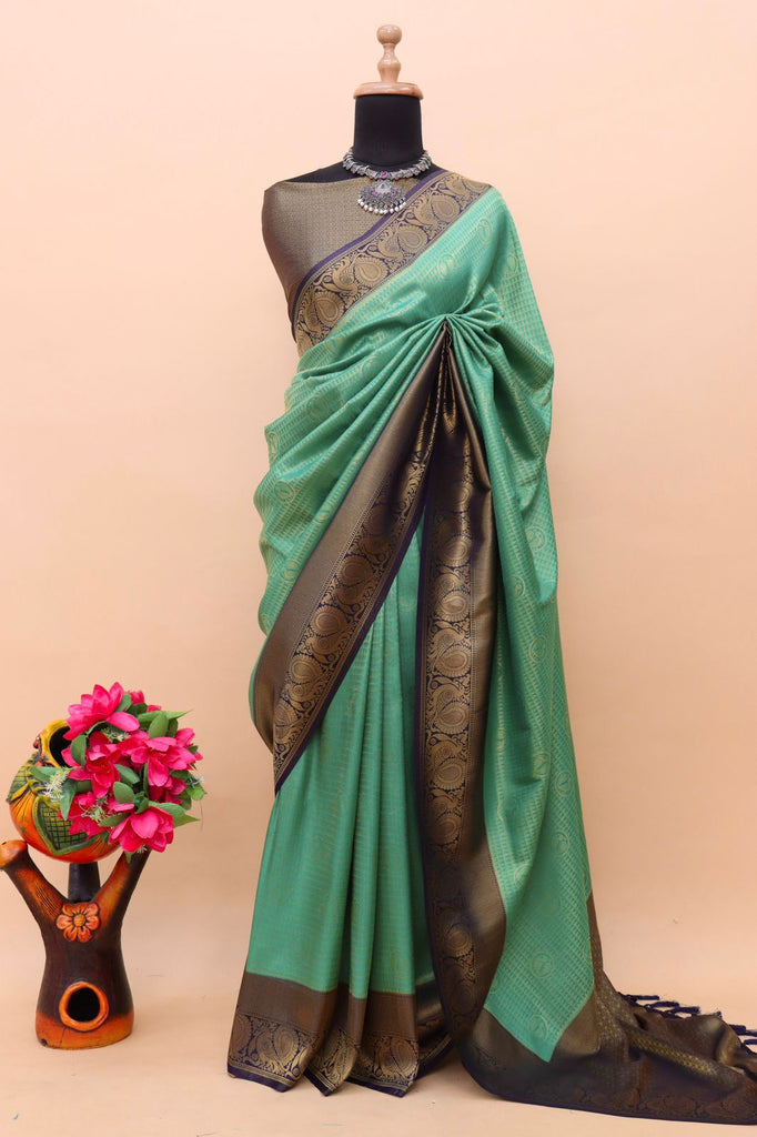 Mint Green Kuber Soft Silk Saree with Exquisite Golden Jari Work & Matching Blouse ClothsVilla