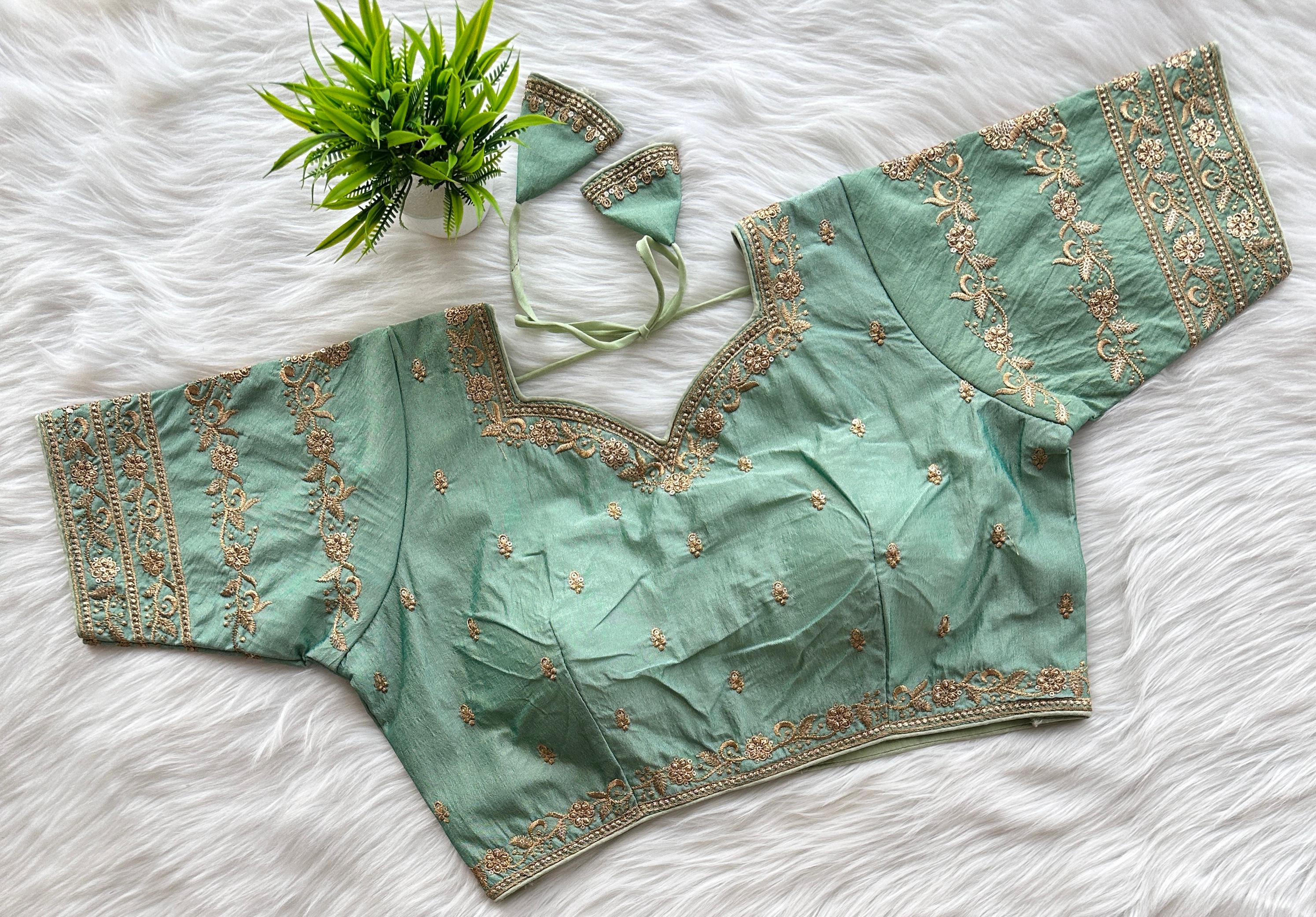 Mint Green Rajbhog Silk Embroidered Blouse with Handcrafted Detailing ClothsVilla Main image