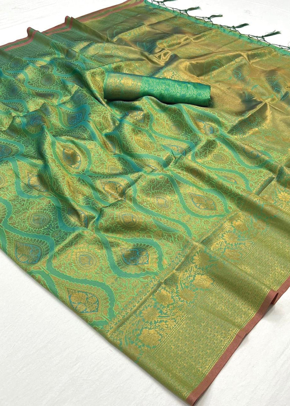 Mint Green Regal Banarasi Silk Saree with Gold & Silver Zari Brocade Work ClothsVilla