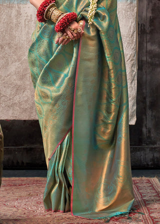 Mint Green Regal Banarasi Silk Saree with Gold & Silver Zari Brocade Work ClothsVilla