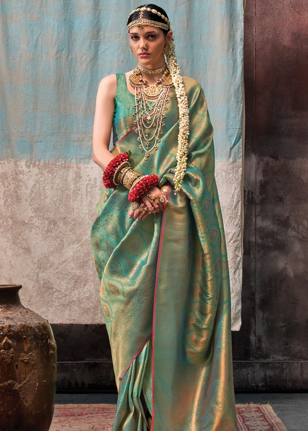 Mint Green Regal Banarasi Silk Saree with Gold & Silver Zari Brocade Work Secondary image