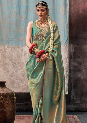 Mint Green Regal Banarasi Silk Saree with Gold & Silver Zari Brocade Work ClothsVilla