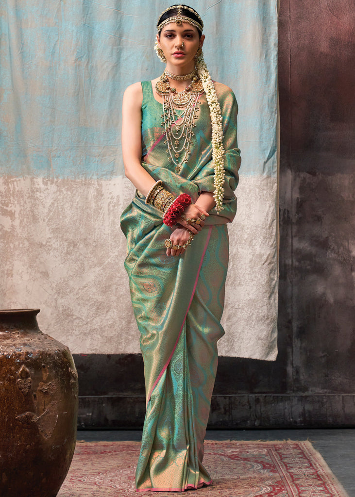 Mint Green Regal Banarasi Silk Saree with Gold & Silver Zari Brocade Work ClothsVilla