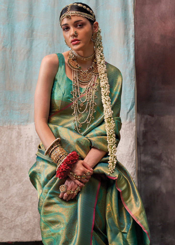 Mint Green Regal Banarasi Silk Saree with Gold & Silver Zari Brocade Work ClothsVilla