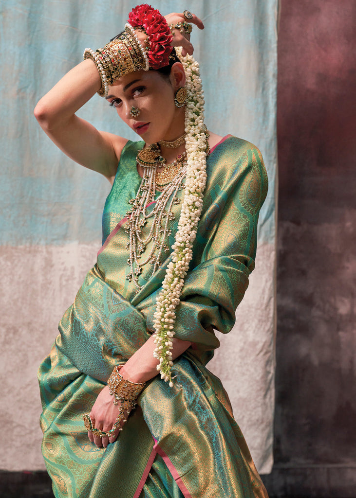 Mint Green Regal Banarasi Silk Saree with Gold & Silver Zari Brocade Work ClothsVilla