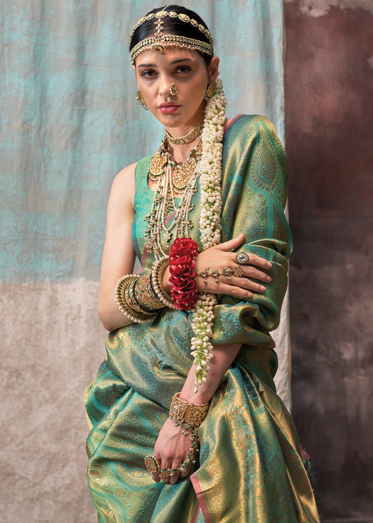 Mint Green Regal Banarasi Silk Saree with Gold & Silver Zari Brocade Work ClothsVilla