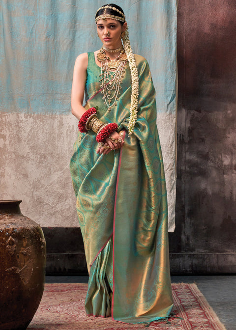 Mint Green Regal Banarasi Silk Saree with Gold & Silver Zari Brocade Work ClothsVilla Main image