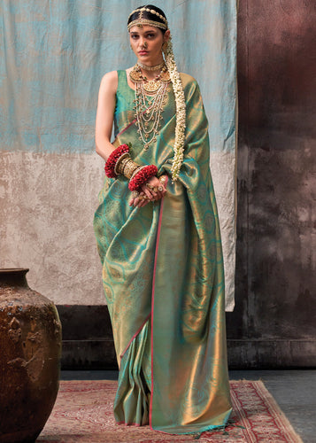 Mint Green Regal Banarasi Silk Saree with Gold & Silver Zari Brocade Work ClothsVilla