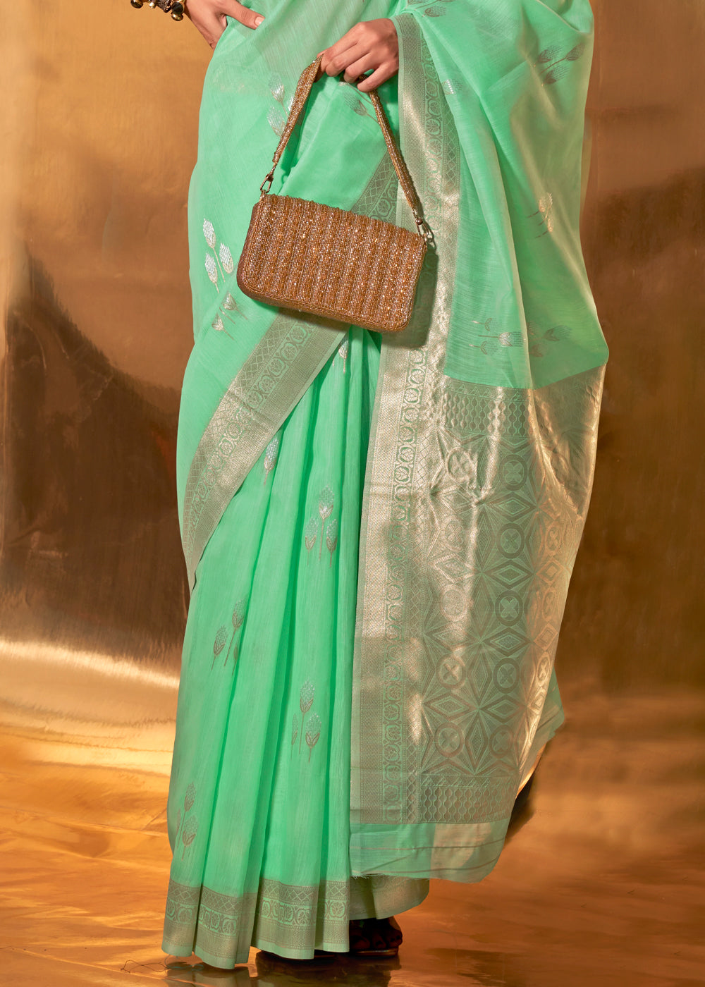 Mint Green Royal Banarasi Silk Saree with Contrast Border & Designer Pallu – Wedding Special ClothsVilla