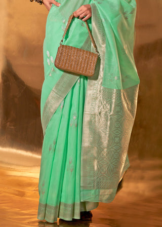 Mint Green Royal Banarasi Silk Saree with Contrast Border & Designer Pallu – Wedding Special ClothsVilla