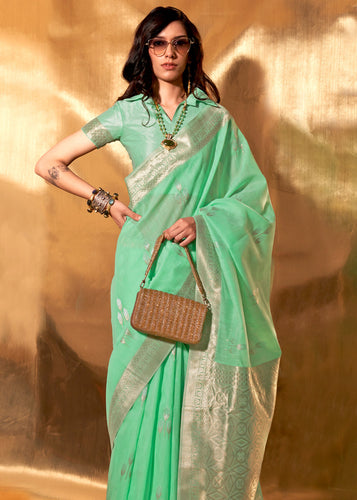 Mint Green Royal Banarasi Silk Saree with Contrast Border & Designer Pallu – Wedding Special ClothsVilla